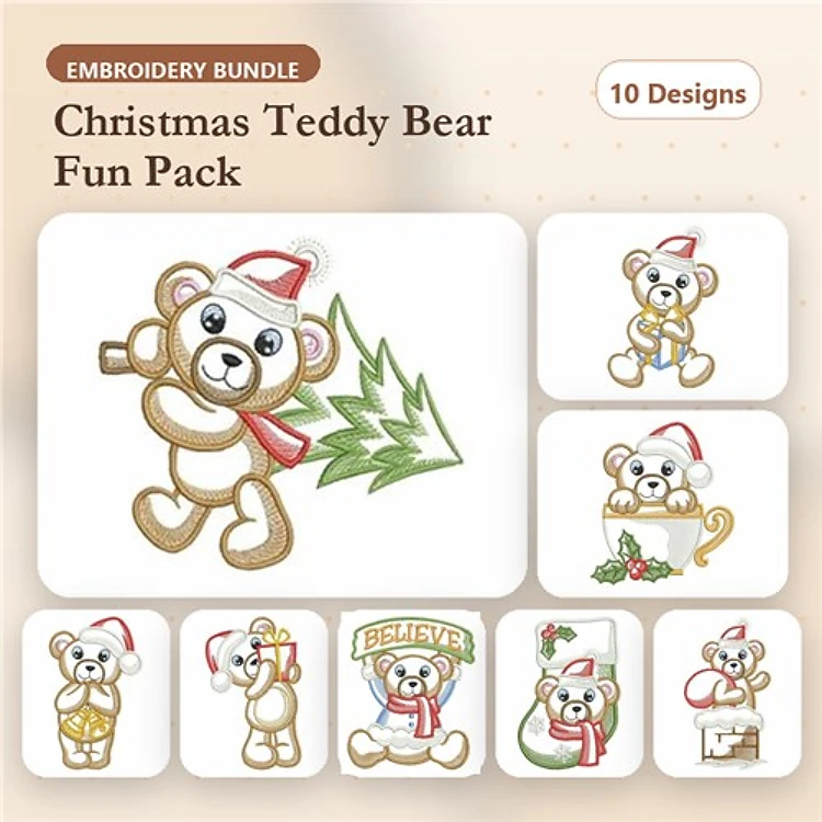 Christmas Teddy Bears Embroidery Designs Bundle – Teddy Bear with Christmas Tree, Holding Candy Cane, & More (10 Designs)