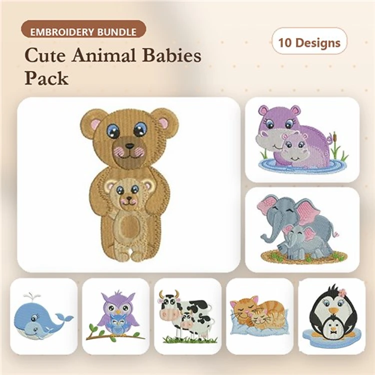 Cute Baby Animals Embroidery Bundle – Bear Family, Hippo in Water, Elephant with Baby & More (10 Designs)