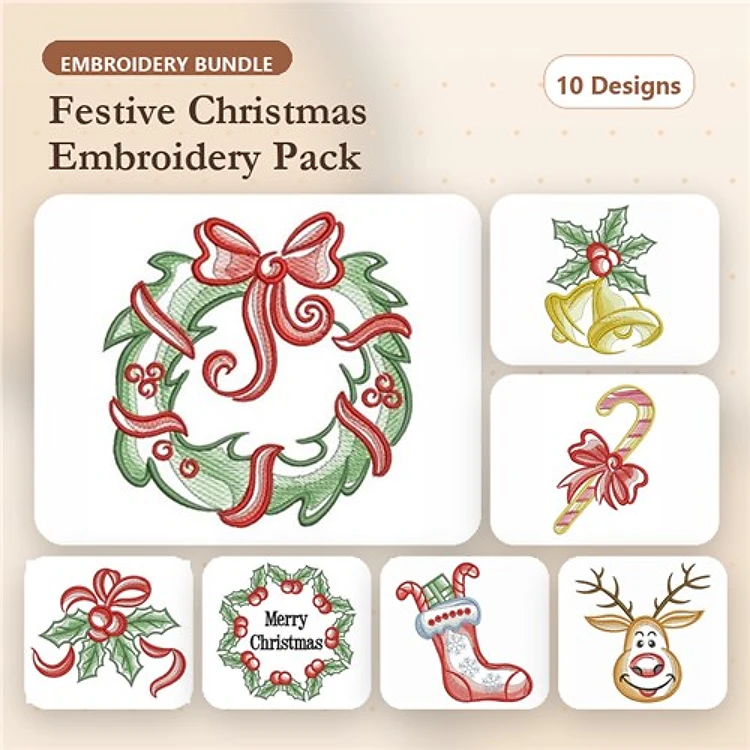 Festive Christmas Embroidery Designs Bundle – Christmas Wreath, Holly with Ribbon, Reindeer & More (10 Designs)