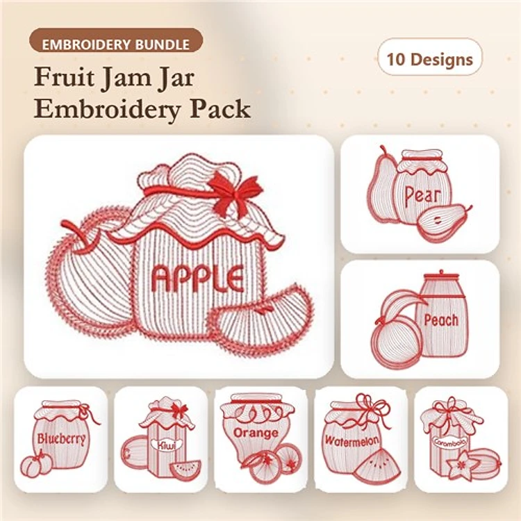 Redwork Fruit Jam Jar Embroidery Designs Bundle – Apple, Blueberry, Peach & More (10 Designs)
