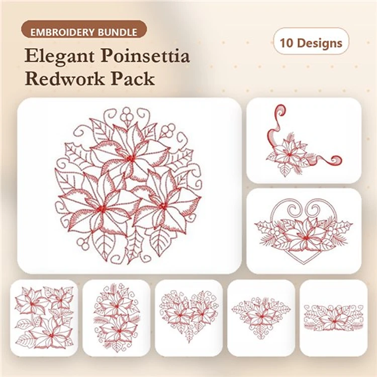 Redwork Poinsettia Floral Embroidery Bundle – Wreath, Heart, Border & More (10 Designs)