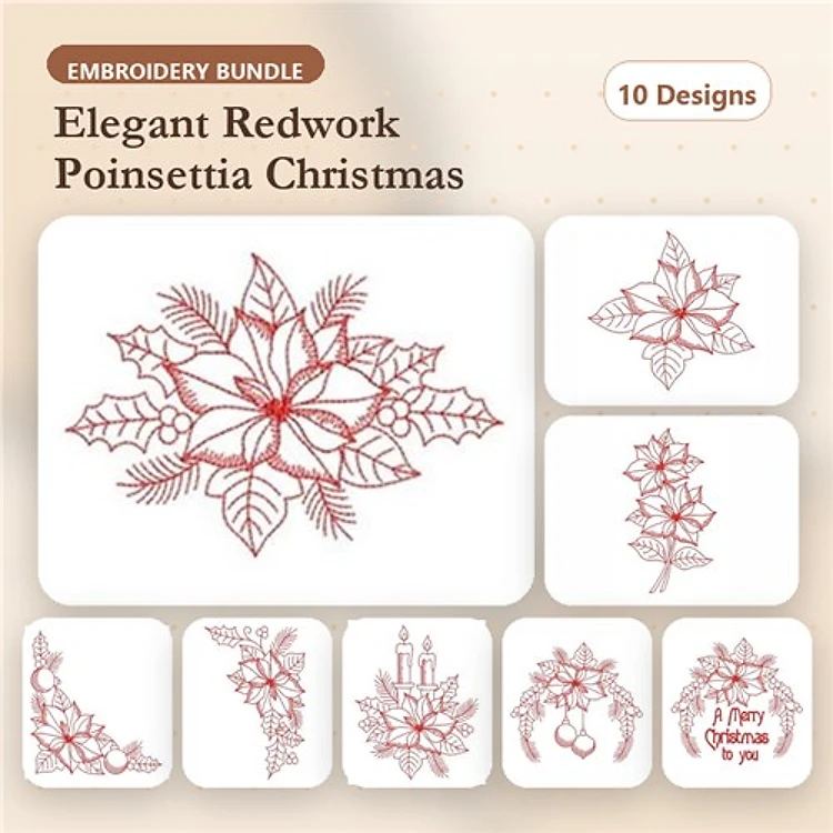 Redwork Poinsettia Christmas Embroidery Designs Bundle – Poinsettia Bouquet, Merry Christmas Banner, & More (10 Designs)