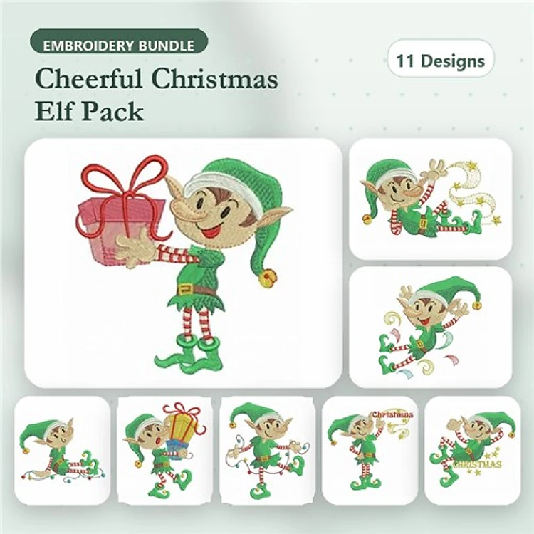Cheerful Christmas Elf Embroidery Designs Bundle – Elf with Gift, Elf Dancing, Elf with Toys & More (11 Designs)