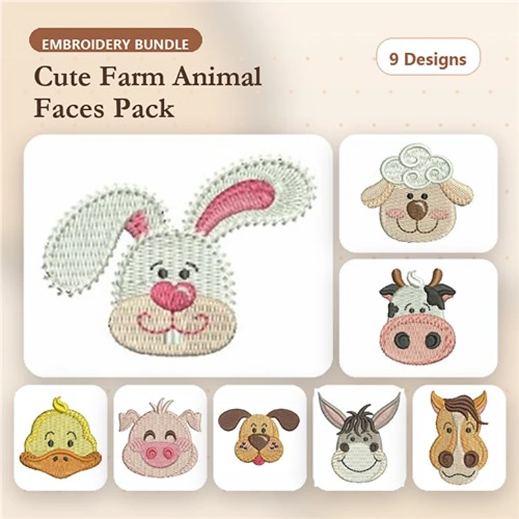 Cute Farm Animal Faces Embroidery Bundle – Adorable Designs (7 Designs)