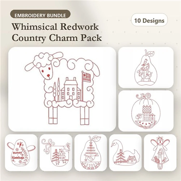 Redwork Whimsical Country Embroidery Bundle – Sheep with House, Bird in Egg, Flower Basket & More (10 Designs)