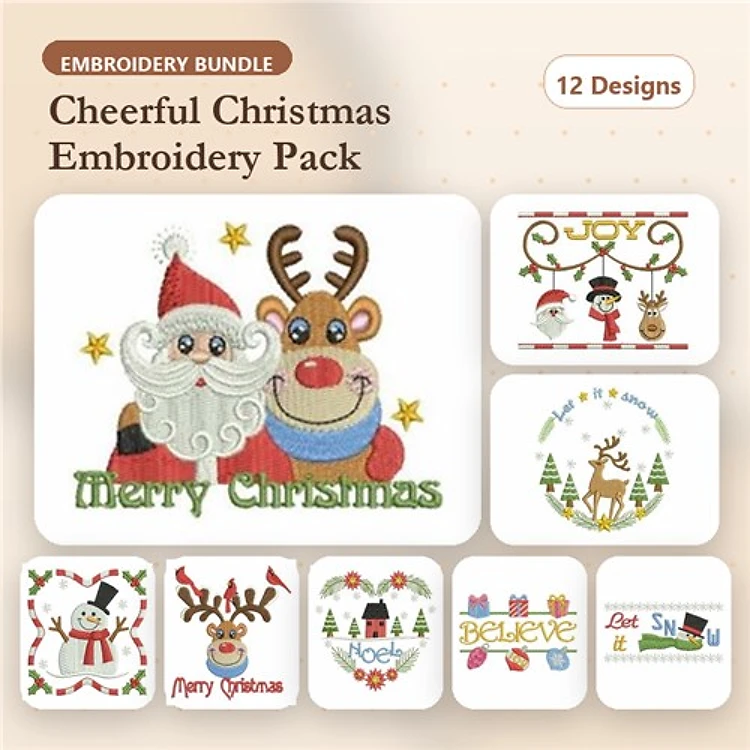 Cheerful Christmas Embroidery Designs Bundle – Santa Claus, Reindeer, Jolly Snowman & More (12 Designs)