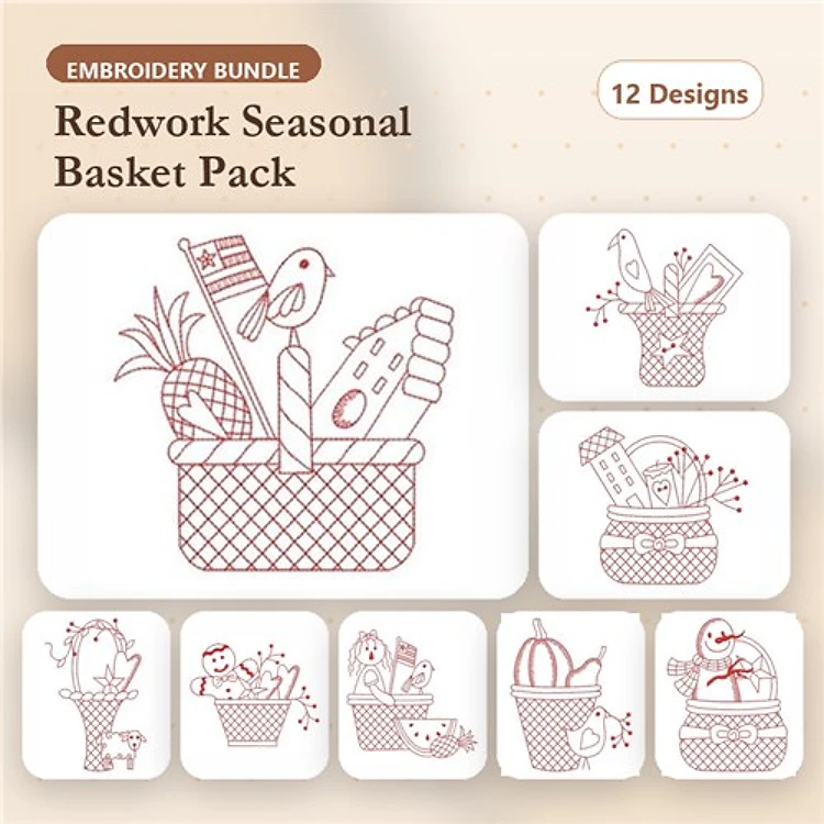 Redwork Seasonal Baskets Embroidery Designs Bundle – Pineapple, Bird, Cactus, Halloween Treats & More (12 Designs)