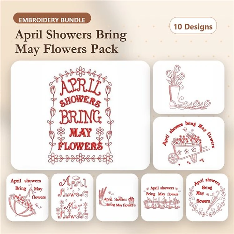 Redwork April Showers Bring May Flowers Embroidery Designs Bundle – Watering Can, Flower Basket, Floral Border & More (10 Designs)