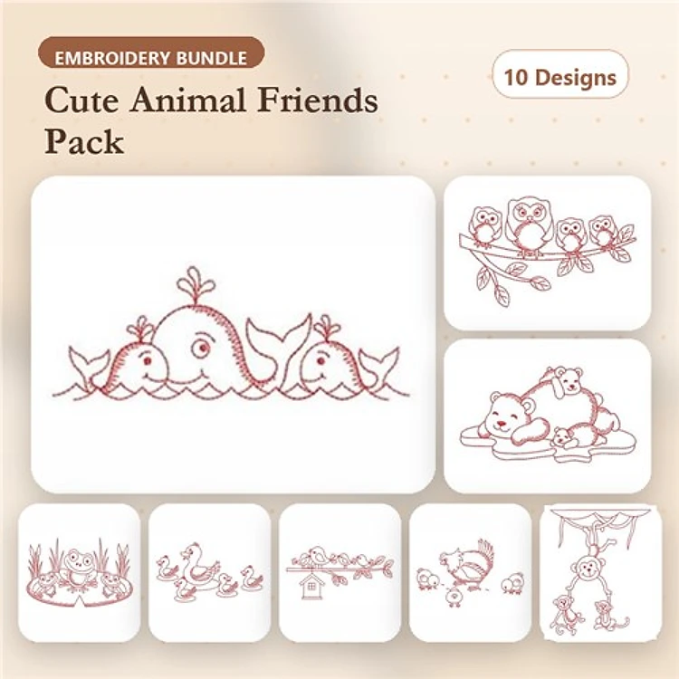 Redwork Cute Animal Friends Embroidery Designs Bundle – Whale & Fish, Owl on Branch, Bear with Cubs & More (10 Designs)