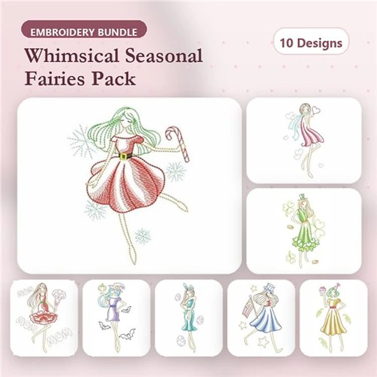 Seasonal Fairy Embroidery Designs Bundle – Fairy with Candy Cane, Whimsical Winter Fairy, Spring Fairy & More (10 Designs)