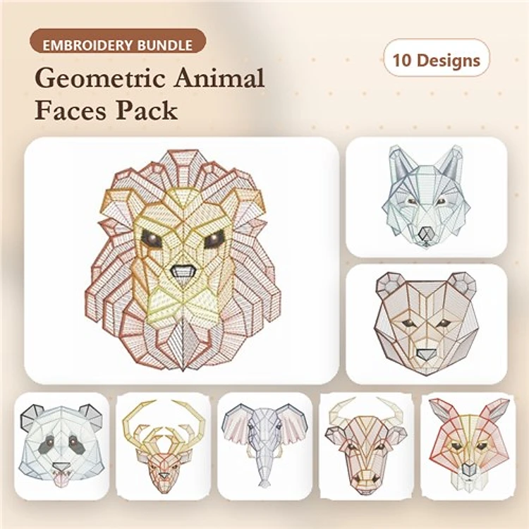 Geometric Animal Faces Embroidery Designs Bundle – Lion, Wolf, Panda, Bear & More (10 Designs)