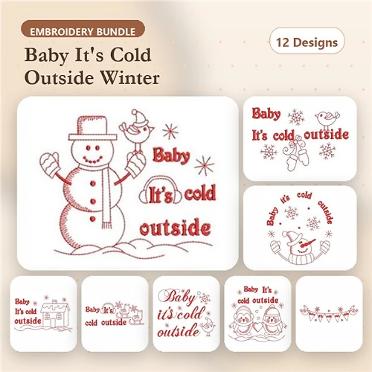 Redwork Winter Phrases & Characters Embroidery Designs Bundle – Snowman, Baby It's Cold Outside, Chick & More (12 Designs)