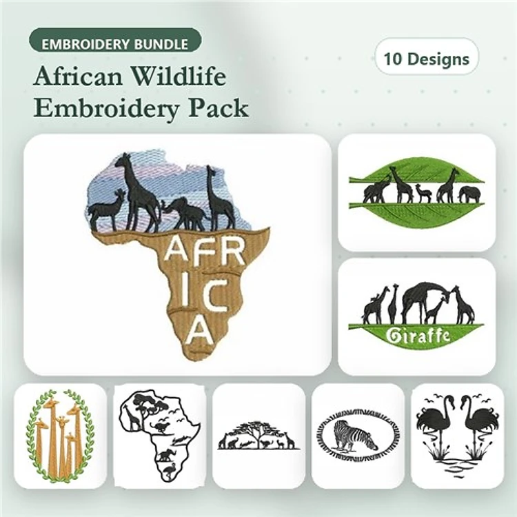 African Wildlife Embroidery Bundle – Africa Map with Animals, Giraffe Silhouette, Elephant Group & More (10 Designs)