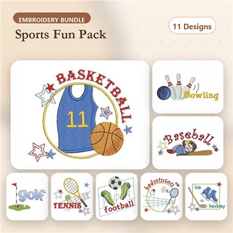 Sports Embroidery Designs Bundle – Basketball Jersey, Bowling Pins, Baseball, Golf, Tennis & More (11 Designs)