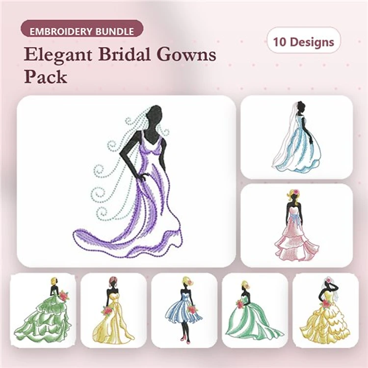 Bridal Gown Embroidery Designs Bundle – Elegant Bridal Gowns in Various Colors & More (10 Designs)