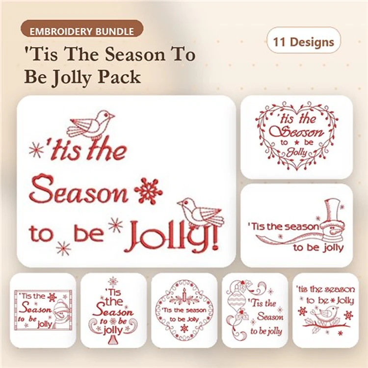 Redwork 'Tis The Season to Be Jolly Embroidery Designs Bundle – Snowflakes, Birds, Winter Hat & More (11 Designs)