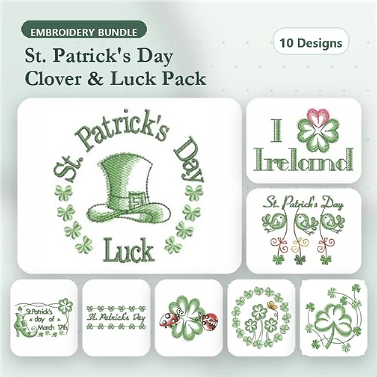 St. Patrick's Day Embroidery Bundle – Clover Hat, Lucky Shamrocks, Celebration & More (10 Designs)