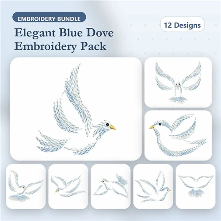 Elegant Blue Dove Embroidery Bundle – Flying Dove, Dove with Open Wings, Dove in Flight & More (12 Designs)