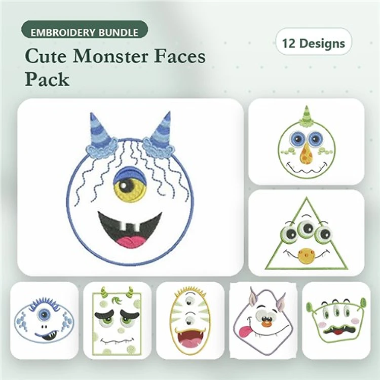 Cute Monster Faces Embroidery Designs Bundle – Round Monster with Horns, Triangle Face, Hexagon Face & More (12 Designs)