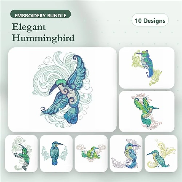 Elegant Hummingbirds Embroidery Bundle – Hummingbird with Swirls, Hummingbird in Motion, Gorgeous Hummingbird & More (10 Designs)