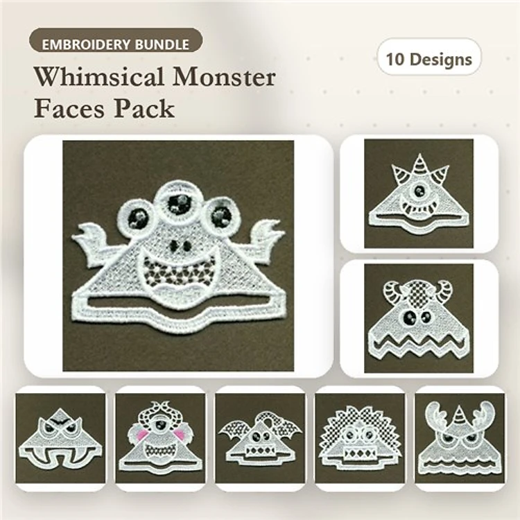 FSL Whimsical Monster Faces Embroidery Designs Bundle – Monster Face with Eyeballs, Crown, Mouth & More (10 Designs)