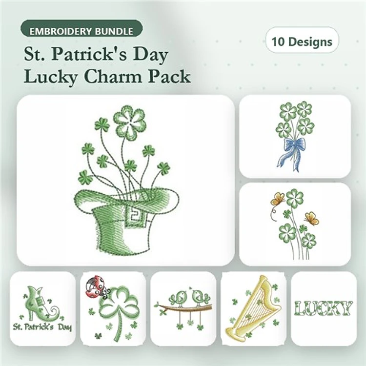St. Patrick's Day Embroidery Designs Bundle – Lucky Clover Bouquet, Shamrock Decoration, Hat with Clover & More (10 Designs)