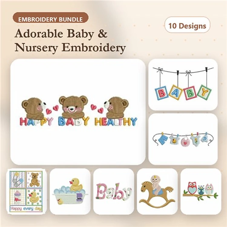 Baby and Nursery Embroidery Designs Bundle – Happy Baby Bears, Baby Banner, Owl Family & More (10 Designs)