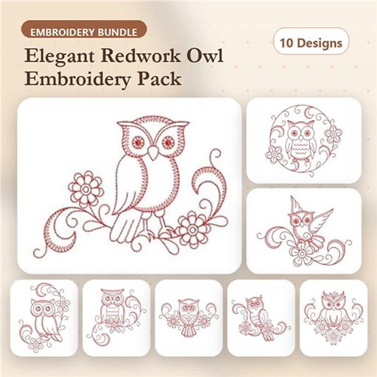 Redwork Elegant Owls Embroidery Designs Bundle – Owl with Flowers, Owl Face, Owl Family & More (10 Designs)