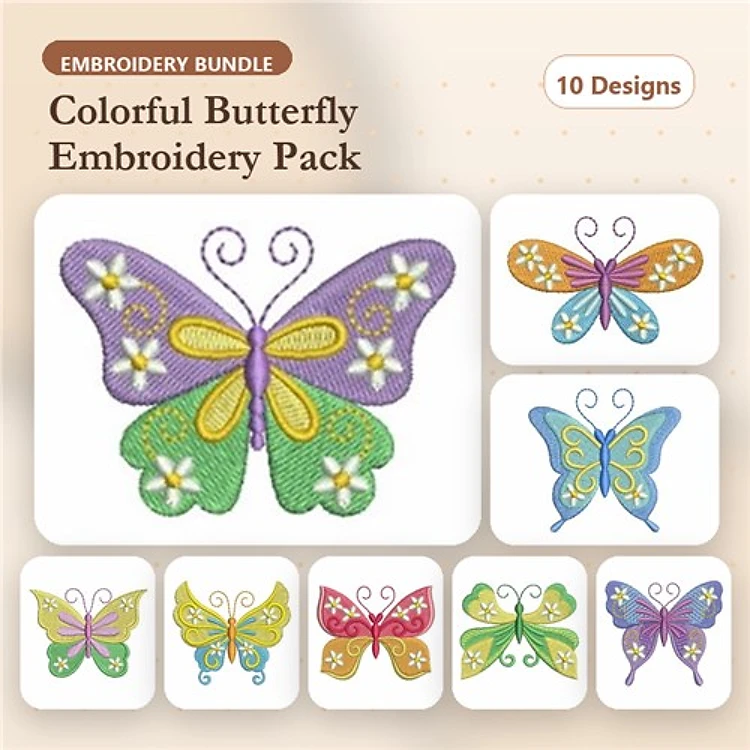 Colorful Butterfly Embroidery Bundle – Butterfly with Flowers, Purple Butterfly, Green Butterfly & More (10 Designs)