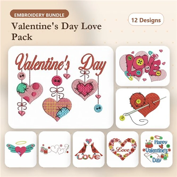 Hearts & Love Text Embroidery Designs Bundle – Valentine's Day Hearts, Cute Love Text, Hanging Hearts & More (12 Designs)