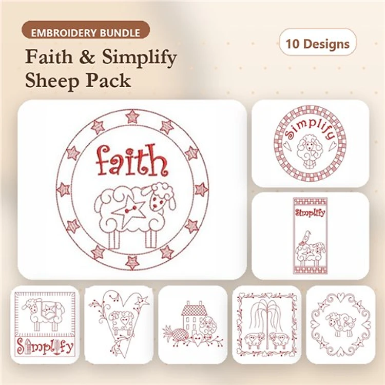Redwork Sheep and Faith Embroidery Bundle – Faith with Sheep, Barn with Sheep, Floral Sheep Design & More (10 Designs)