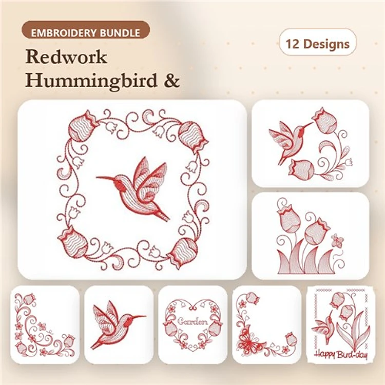 Redwork Hummingbird & Floral Embroidery Designs Bundle – Hummingbird in Frame, Floral Border, & More (12 Designs)