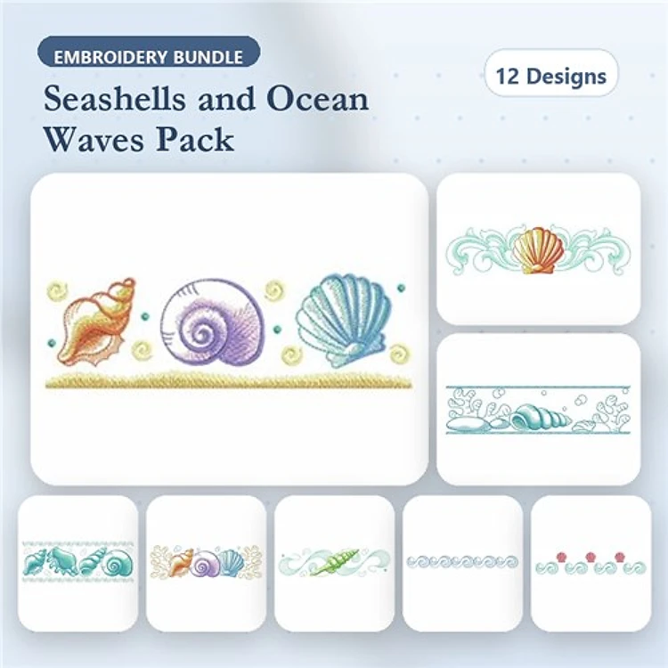 Seashells & Ocean Waves Embroidery Designs Bundle – Seashell, Scallop Shell, Wave Design 1 & More (12 Designs)