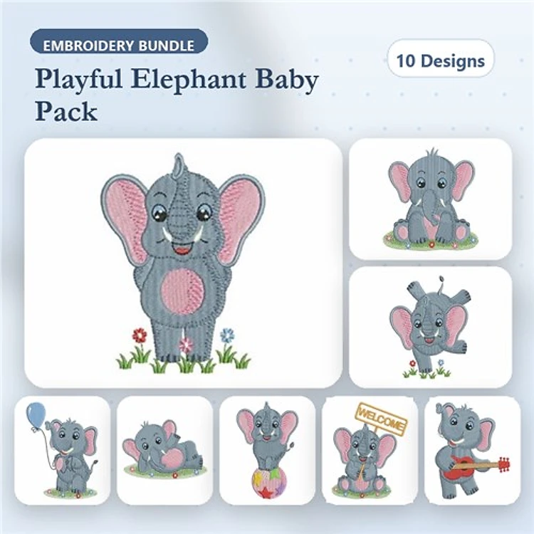 Playful Baby Elephants Embroidery Bundle – Standing Elephant, Elephant with Balloon, Elephant with Heart & More (10 Designs)