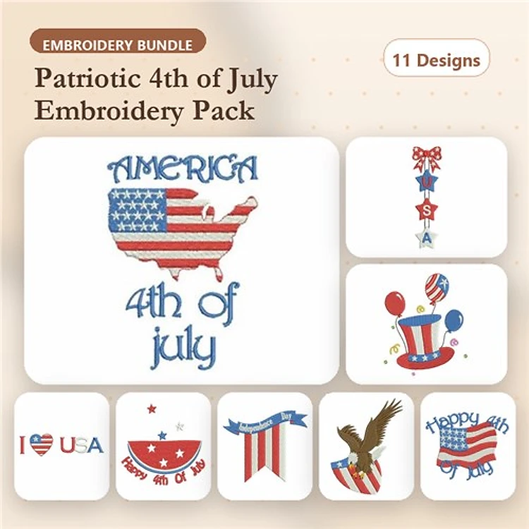 4th of July Embroidery Designs Bundle – America Map with Flag, Eagle, Top Hat with Stripes & More (11 Designs)