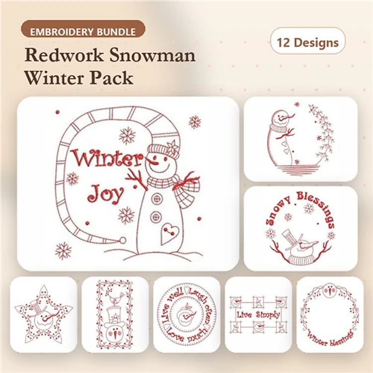Redwork Snowman Winter Embroidery Designs Bundle – Snowman with Scarf, Winter Joy, Snow Blessings & More (12 Designs)