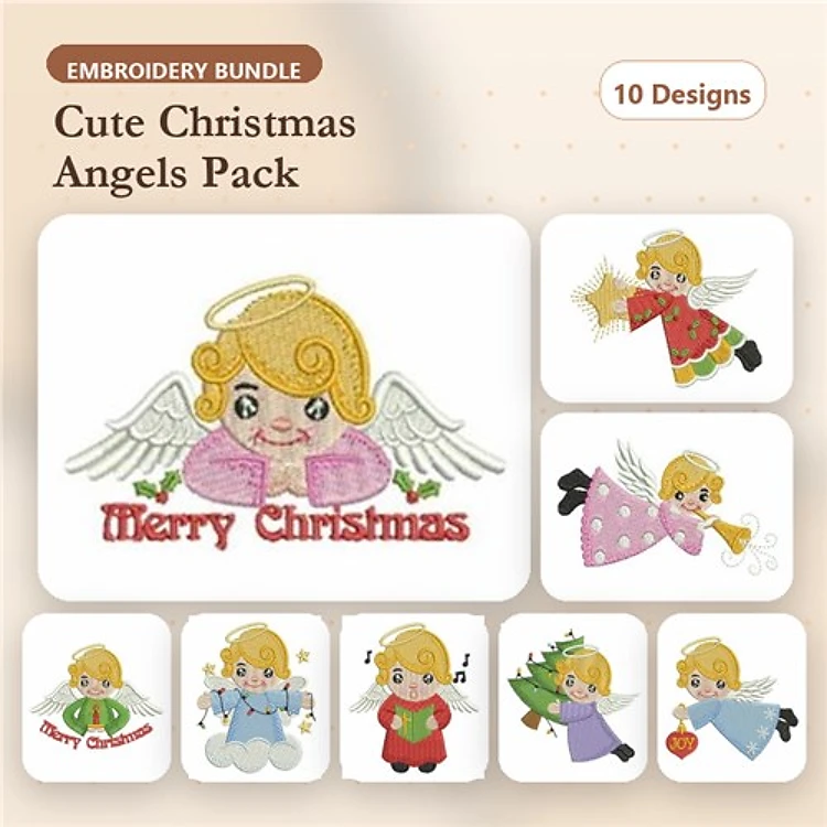 Christmas Angels Embroidery Bundle – Merry Christmas Angel, Angel with Horn, Angel with Star & More (10 Designs)