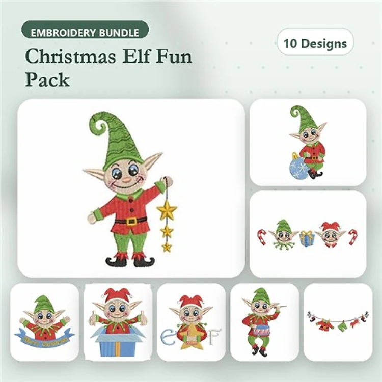Christmas Elf Characters Embroidery Designs Bundle – Elf with Stars, Smiling Elf, Elf with Ornament & More (10 Designs)