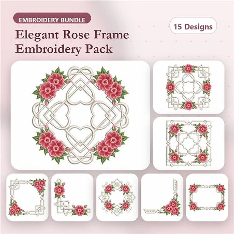 Rose Frame Embroidery Bundle – Ornate, Heart & Rose, Lace Border & More (15 Designs)
