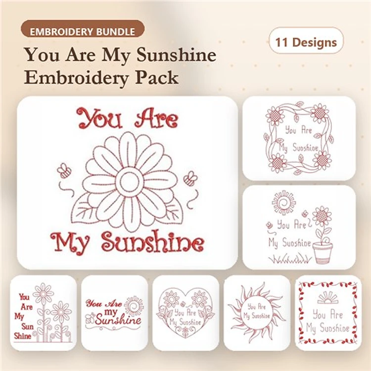 Redwork You Are My Sunshine Embroidery Designs Bundle – Sunflower, Heart, Flower Pot, Sun & More (11 Designs)