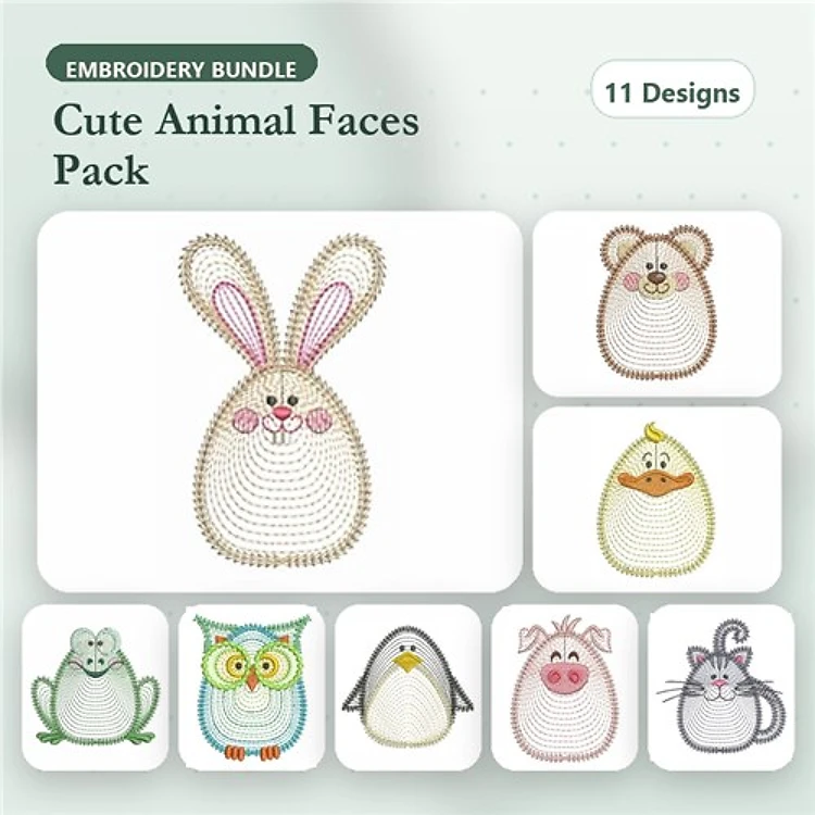 Rippled Cute Animal Faces Embroidery Bundle – Bunny, Bear, Chick, Owl, Penguin & More (11 Designs)