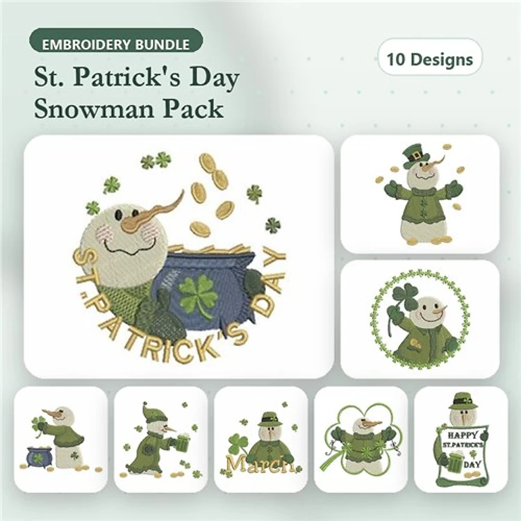 St. Patrick's Day Snowman Embroidery Designs Bundle – Shamrock Snowman, Pot of Gold with Snowman, Happy St. Patrick's Day Greeting & More (10 Designs)