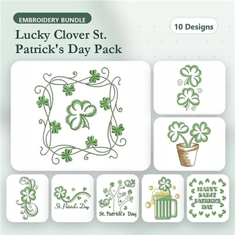 Clover Embroidery Designs Bundle – Lucky Clover Frame, Clover Bouquet, Beer Mug with Clover & More (10 Designs)