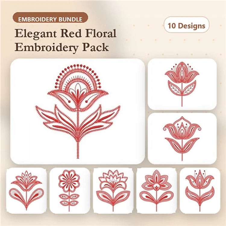 Redwork Elegant Red Floral Embroidery Bundle – Ornate Flower, Stylized Flower, Bold Flower Design & More (10 Designs)
