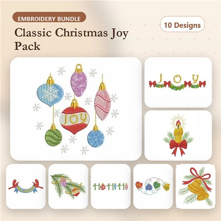 Christmas Ornaments Embroidery Bundle – Joy Word Art, Christmas Candle, Festive Bells & More (10 Designs)
