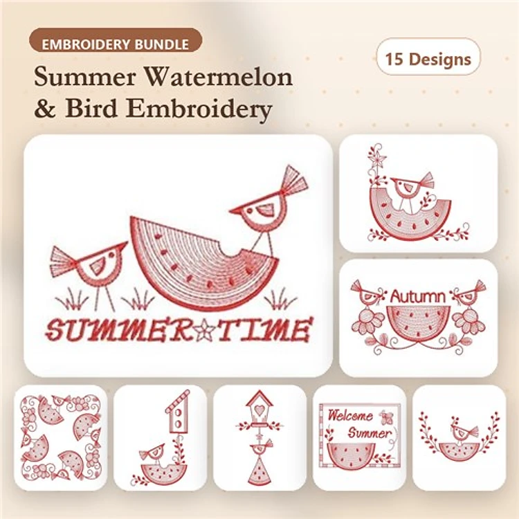Redwork Summer Watermelon & Bird Embroidery Designs Bundle – Watermelon with Bird, Welcome Summer, Garden Flowers & More (15 Designs)