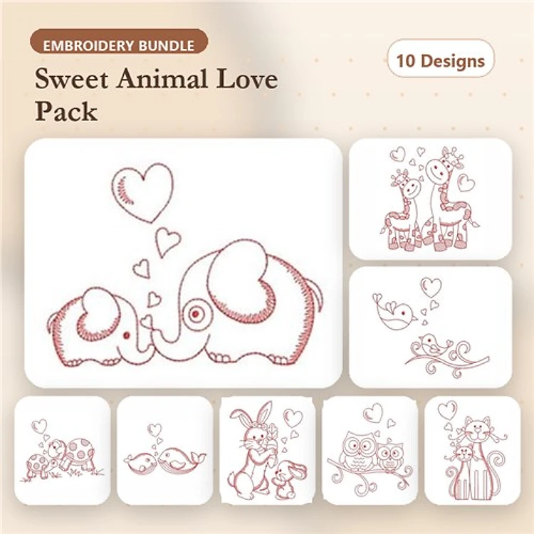 Redwork Animal Love Embroidery Designs Bundle – Elephants with Hearts, Giraffes with Hearts, Cats with Hearts & More (10 Designs)