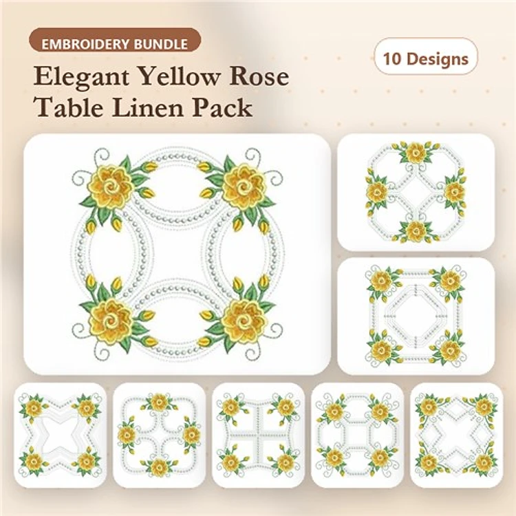 Floral Embroidery Bundle – Elegant Yellow Rose Table Linen Embellishments & More (10 Designs)