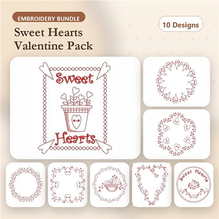 Redwork Valentine's Day Heart Embroidery Bundle – Sweet Hearts, Heart Wreaths & More (10 Designs)