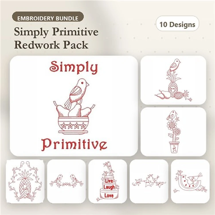 Redwork Primitive Embroidery Designs Bundle – Bird in Basket, Flower in Pot, Live Laugh Love & More (10 Designs)